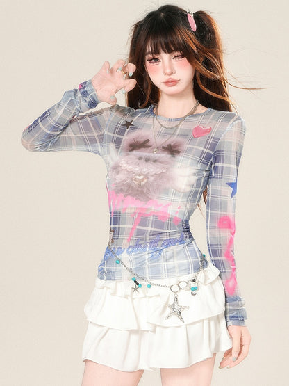 Blue And Glamorous Top Print Pattern Long Sleeves Letter Plaid Doll
