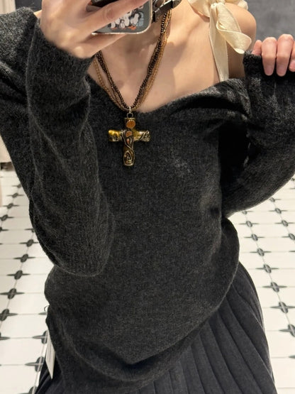 Gold/Brown Cross Pendant Triple Layered Beaded Necklace