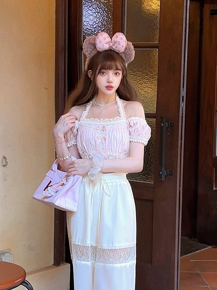 Pink Striped Puff Lace Bow Accents With Halter Top Sleeves Crop