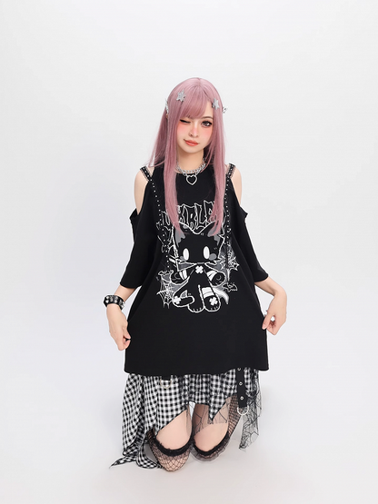 Cat Print Loose T-Shirt Y2K Black Cutout Shoulder Bittersweet