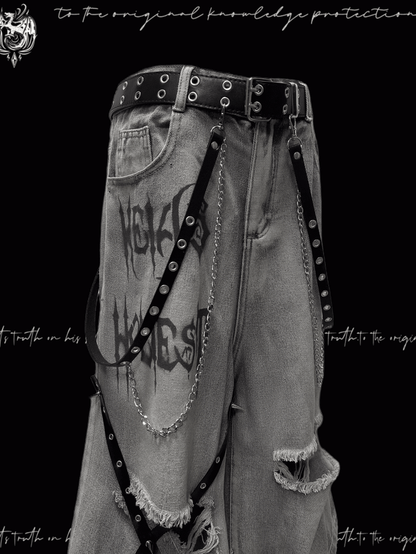 Blue Criss-cross Straps Design Distressed Holes Punk Jeans Y2K