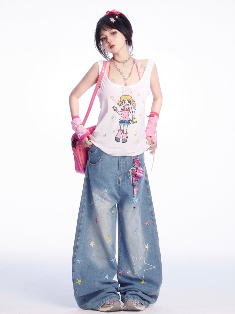 Tank Top Manga Girl Print White Loose