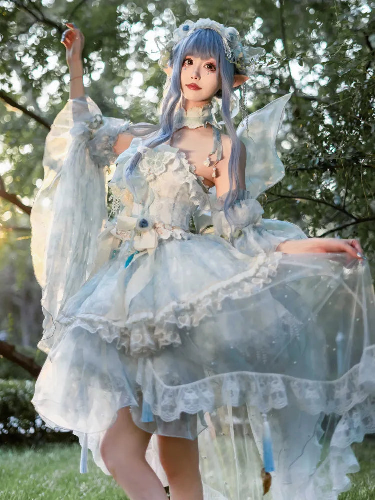 Full Light Butterfly Dress Lolita JSK Blue Design Set Floral Fairy Princess