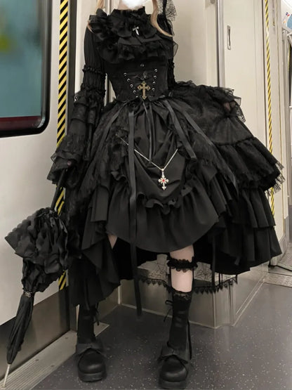 Black Waist Under Drawstring Lolita High Corset / Gothic Boned Skirt