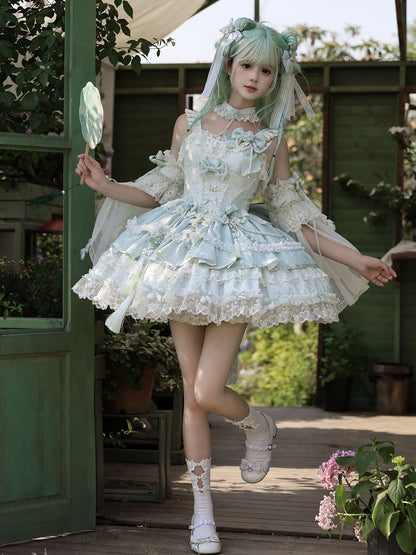 Green Bow Accents Chains and Flower Bead Qi Waist Lolita Corset Dress