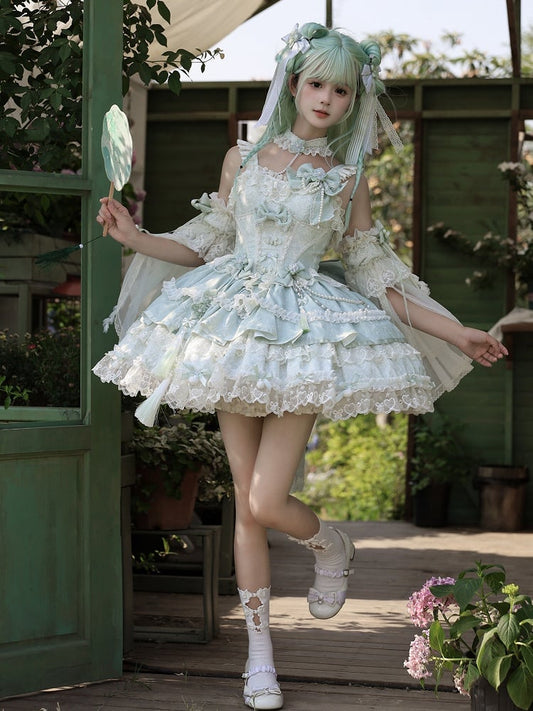 Green Bow Accents Chains and Flower Bead Qi Waist Lolita Corset Dress