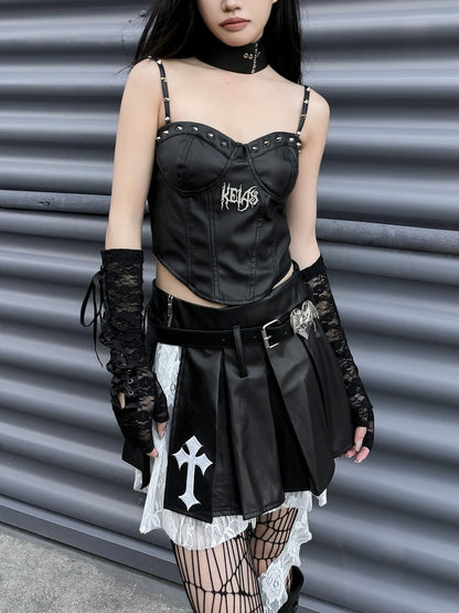 Punk Rock Black Cross Appliques PU Patchwork Box Pleat Skirt