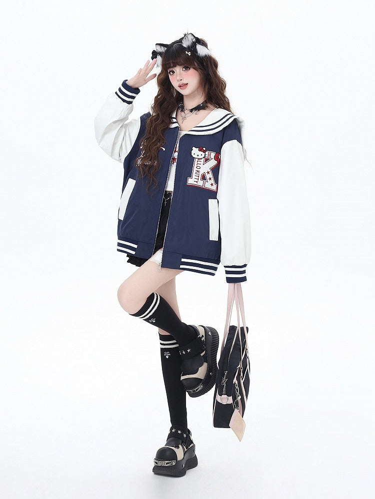 Marineblau/graue Baseballjacke mit Matrosenkragen und Kätzchenstickerei