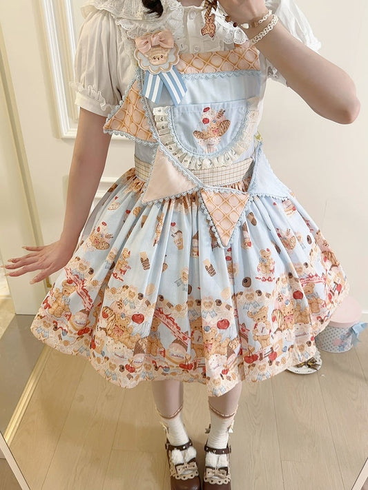 Blue Sweet Teddy Bear and Dessert Lolita Overall Dress