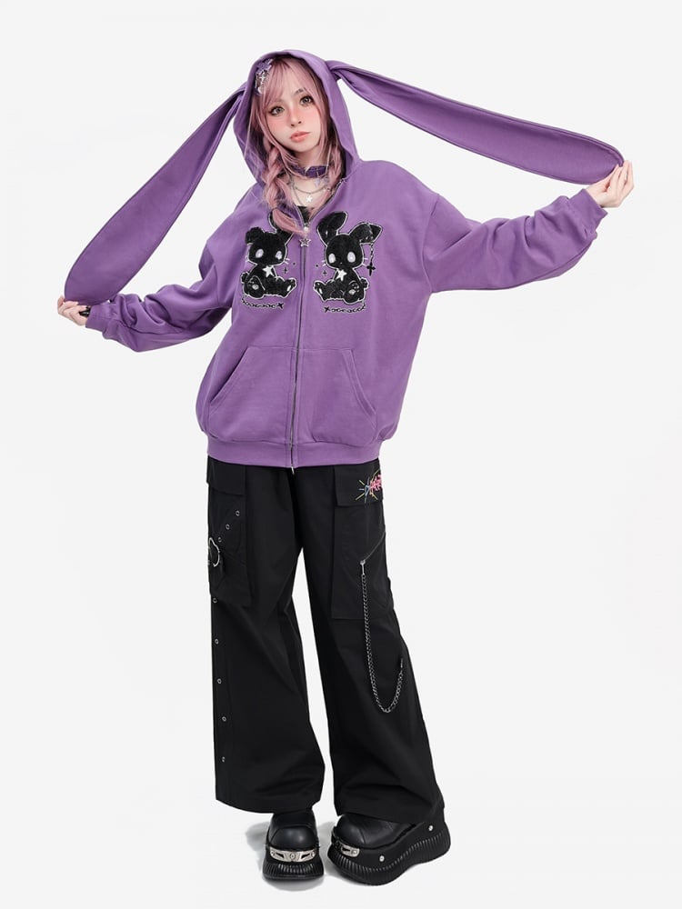 Punk Purple Oversized Bunny Ears Loose Zip Hoodie