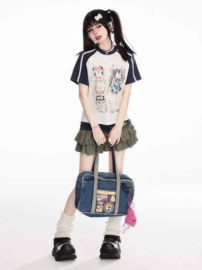 and Black White Design Colorblock Print T-Shirt Anime Graffiti