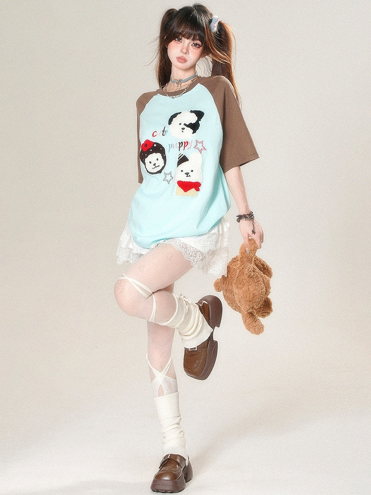T-shirt Plush Kawaii Beige/Blue Puppy Letter Applique Embroidery Daily