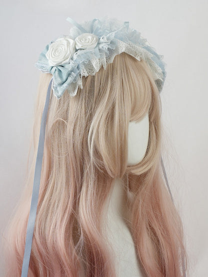Serre-tête Lolita bleu à volants et bordure en dentelle florale et nœud