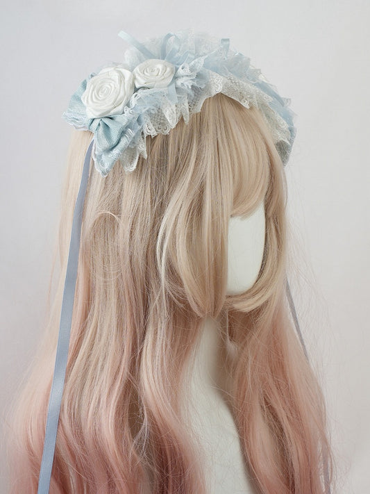Serre-tête Lolita bleu à volants et bordure en dentelle florale et nœud