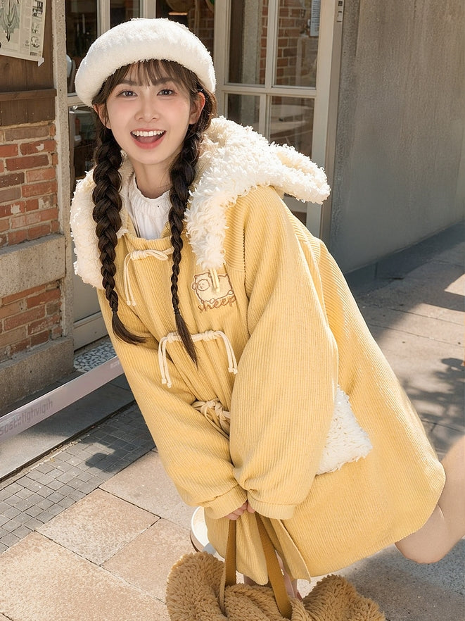 Milk Yellow Cute Lamb Hood Hooded Corduroy Duffle Coat