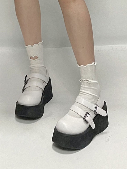 Sole Platform Double Mary Design - Janes White Buckle Black