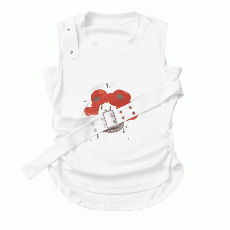 White Cartoon Print Cotton Tank Top with Detachable Buckle Strap