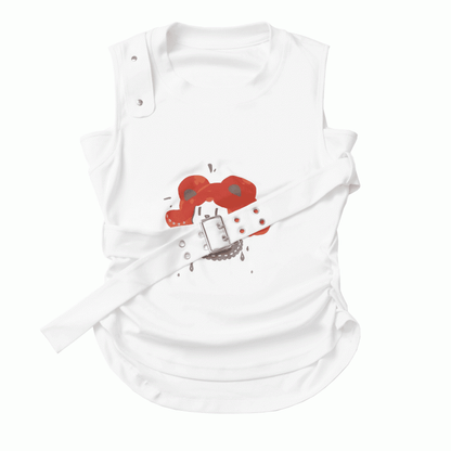 White Cartoon Print Cotton Tank Top with Detachable Buckle Strap
