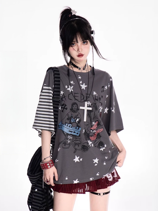 T-shirt Loose Y2K Graffiti Print Round Neck Gray/White