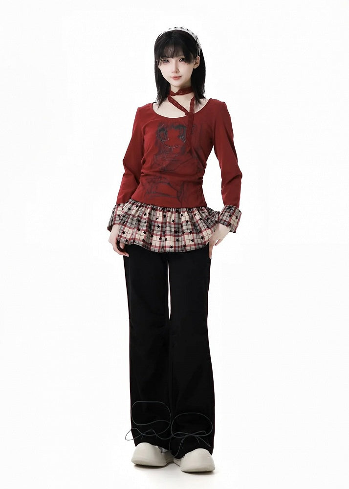 Pants Straight-leg Black/Gray Bittersweet Bone and Star Embroidery Cuffs Drawstring