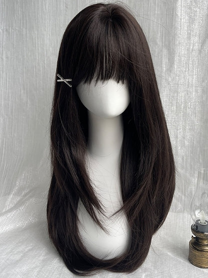 Black Tea Long Straight Synthetic Wig With Full Bangs