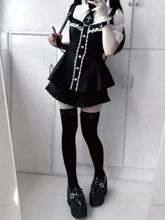 Jirai Full Set-Lace Hem Blouse+Ruffled Buttons Kei Heart Trim Black Shorts+Tie