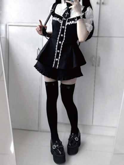 Jirai Full Set-Lace Hem Blouse+Ruffled Buttons Kei Heart Trim Black Shorts+Tie