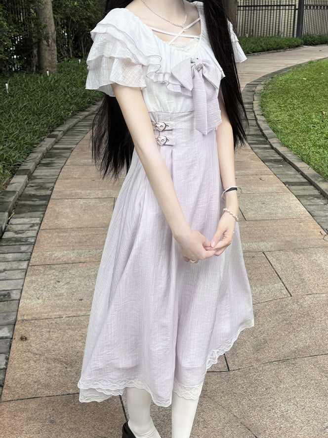 Hem Neckline Long with Version Dress Bowtie Jirai Kei Lavender Heart Buckles Waist Tiered Flounce