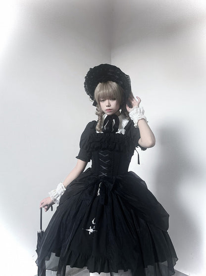 Schwarzer Lolita-Rock mit abnehmbarer Taille und Gothic-Overlay im Pullover-Stil mit Kordelzug