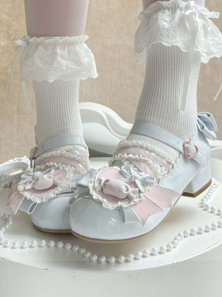 - Low Heels Pink with Clip Style Lolita Sweet A Candy-Decorated Heart Shoe Bow Blue