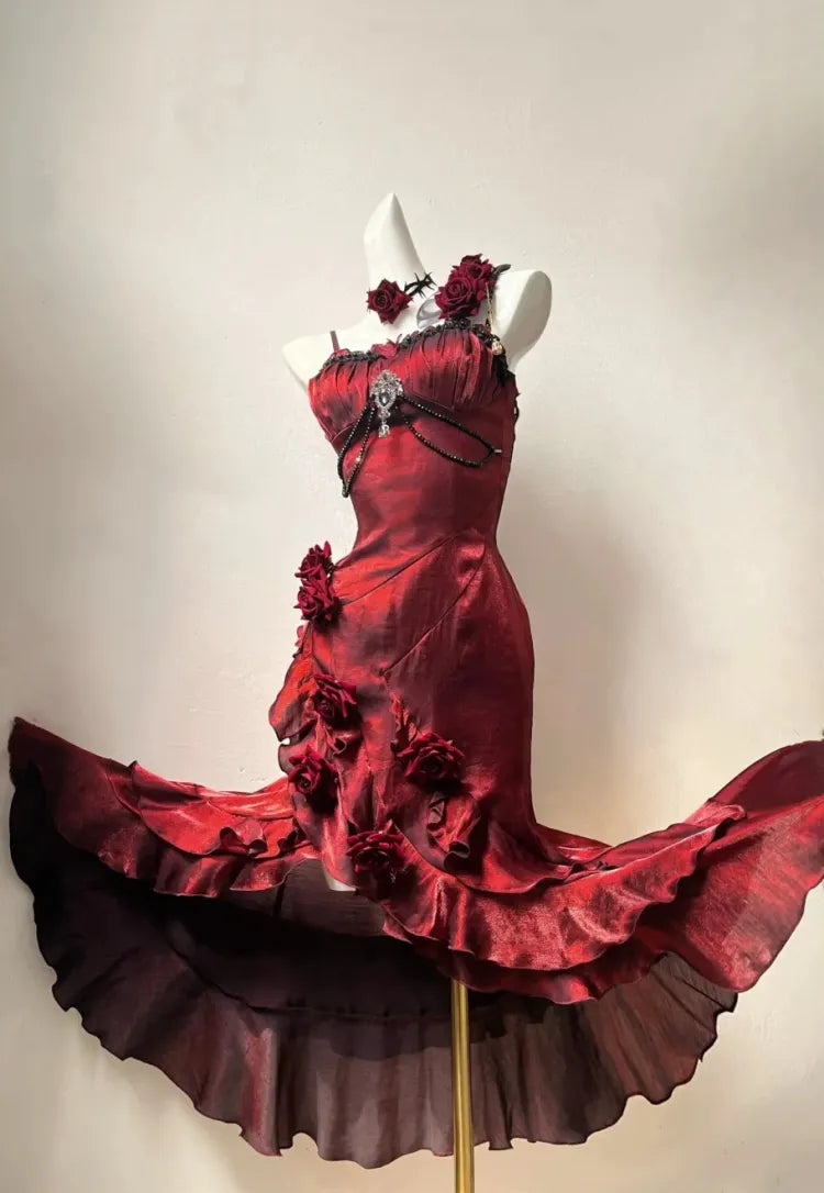 Flounce Sleeves Gown Mermaid Dress Rosette Evening Detachable with Red Burgundy