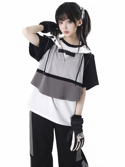 Weste Grau Colorblock Design Techwear Kapuze Cropped