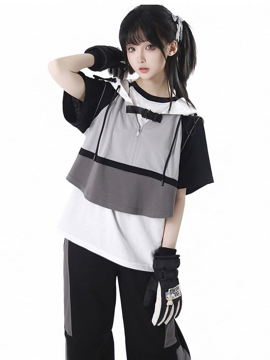 Vest Gray Colorblock Design Techwear Hooded Cropped