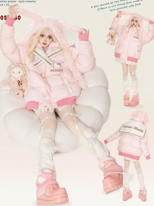 Pink Kitty Print Detachable Sailor Collar Thick Jacket