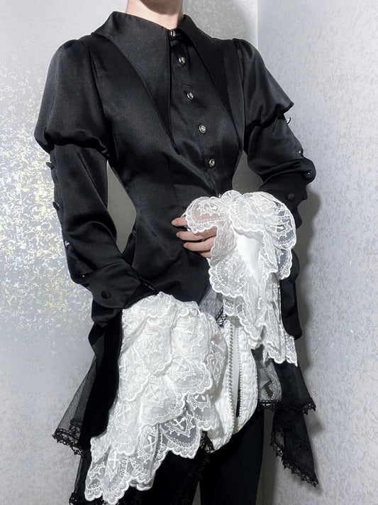Tail Long Shirt Pointed Collar Gothic Foldover Ouji Sleeves Lolita Black