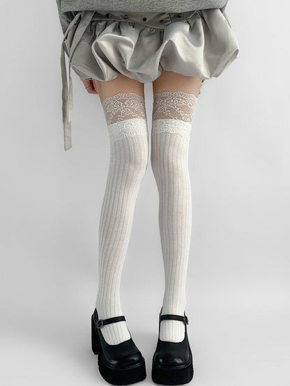 Lace Gray/Beige/Light Gray White/Black/Dark Knitted Over-knee Trim Stockings