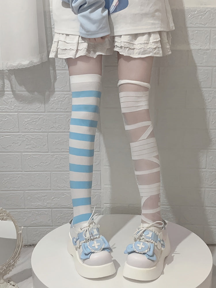 Tenshi Kaiwai Light Blue Yami Kawaii Cross Bowknot Lace-up Detail Platform Shoes