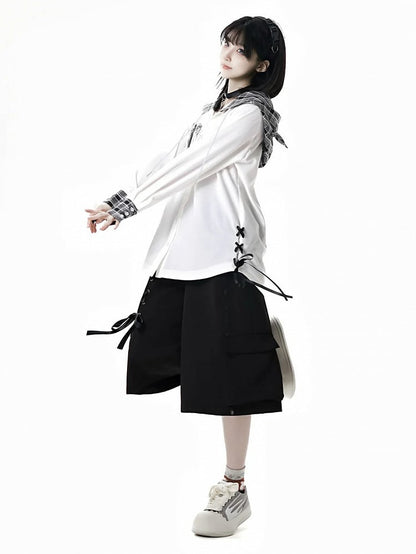 Wide-Leg Shorts with Lace-up Detail Waist Black/Plaid Elastic