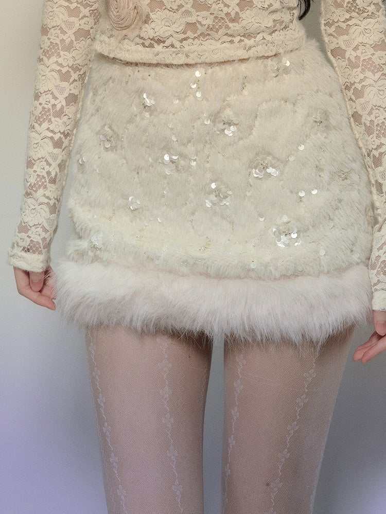 Apricot Sequins Detail Plush Mini Skirt