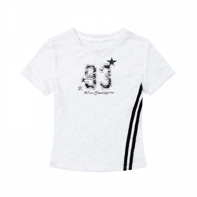 Spitzen T-Shirt Rundhals Zahlen Print Halbtransparent Schwarz/Weiß