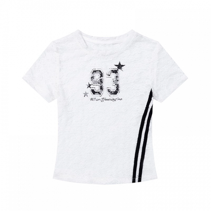 Spitzen T-Shirt Rundhals Zahlen Print Halbtransparent Schwarz/Weiß