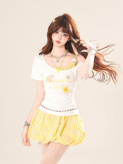 Faux Two-pieces T-Shirt Asymmetrical Neckline Floral Accents White/Black