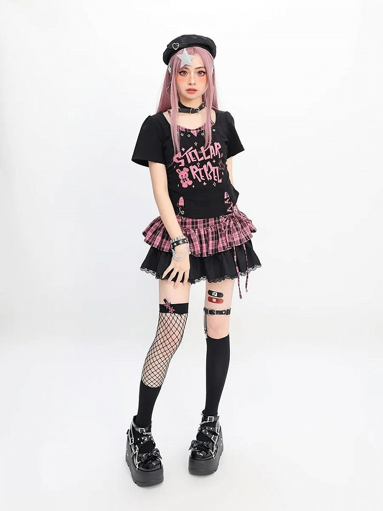 Y2K Black Pink/Black  White Plaid Star with Detail Tiered Skirt Lace-up Buckle