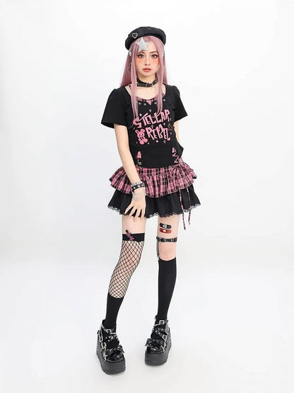 Y2K Black Print T-Shirt Pink/Black Faux Two-Pieces White Bunny