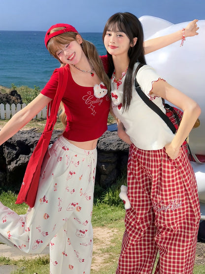 Pants with Kitty Plushie Red Plaid Elastic Waist Wide-Leg Casual