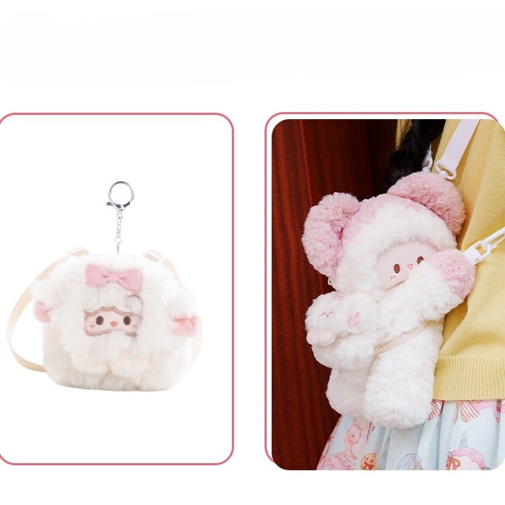 Plush Options Backpack WhitePink Mouse + Backpack/Crossbody Keychain 2 Bag Size Small/Middle Cute