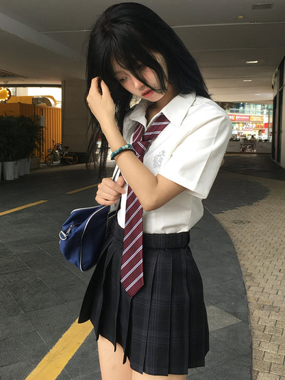 Badge Embroidered Preppy Uniform Sleeves Style JK White Short Shirt