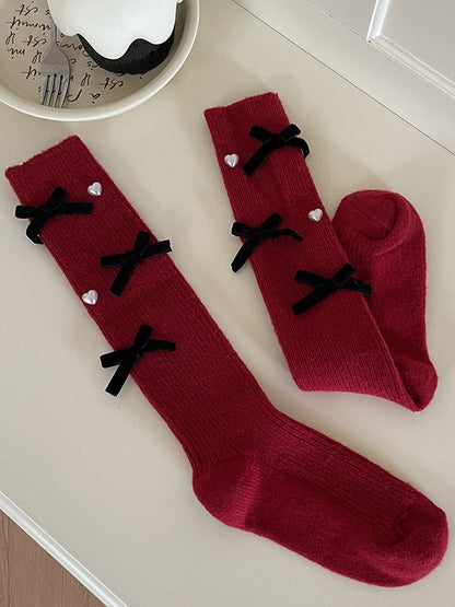 White Lolita Bowknot Heart Calf Socks