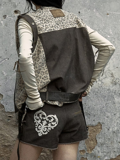 Brown and Gray Punk Streetwear Leopard Jacket