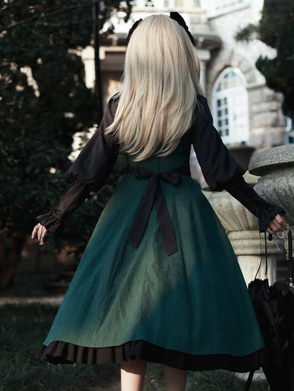 Dark Academia Green and Black Leg-of-Mutton Sleeves Lolita Dress